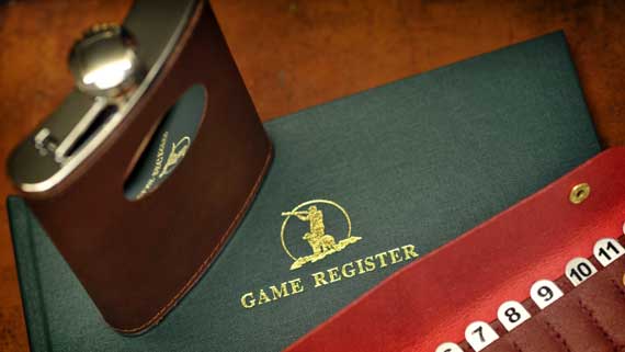 Hip flask, Game Register record book and tags